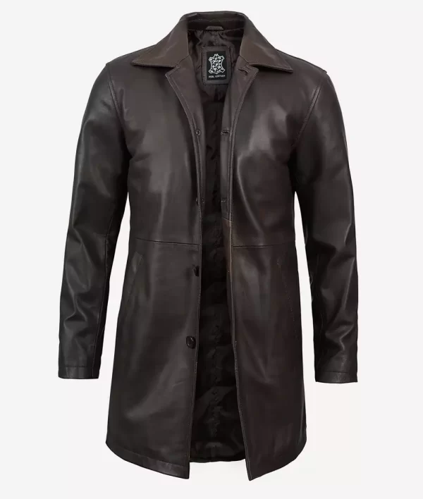 Men's 3/4 Length Vintage Brown Leather Coat