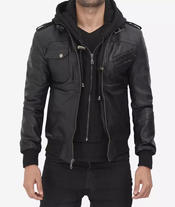 Black Leather Bomber Jacket with Removable Hood